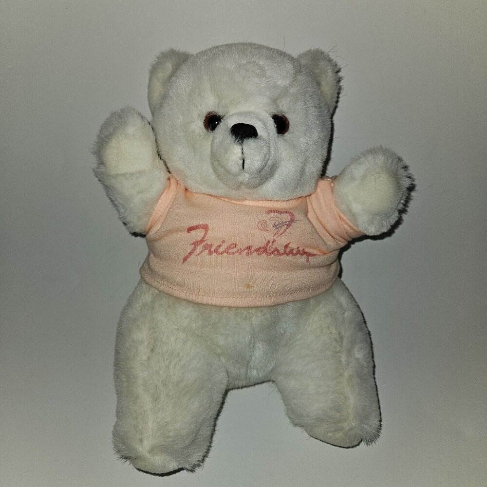VTG 1986 Applause White Teddy Bear Plush Friendship Tee 11" Stuffed Animal READ
